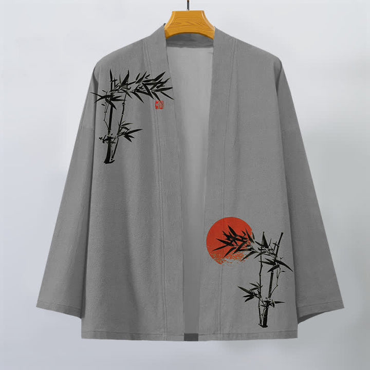 Buddha Stones Kimono de hombre de algodón con estampado de sol rojo y parte delantera abierta, de bambú rojo. - image 7