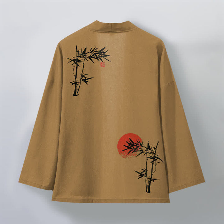 Buddha Stones Kimono de hombre de algodón con estampado de sol rojo y parte delantera abierta, de bambú rojo. - image 11