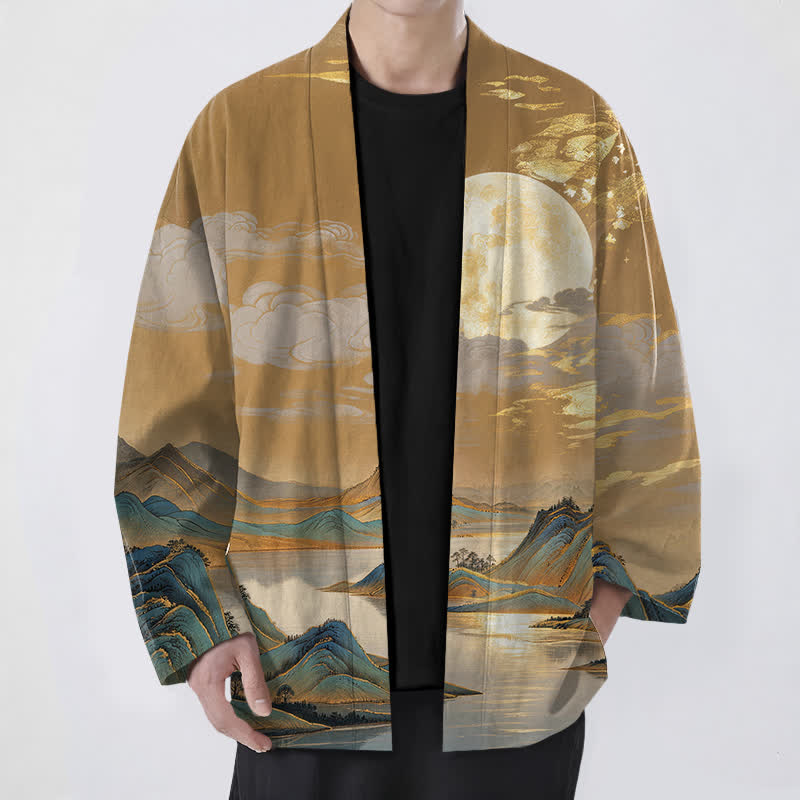 Buddha Stones Kimono de hombre de algodón con estampado de paisaje de montaña y luna dorada, con frente abierto. - Sandy Brown - US/UK/AU48, UE58 (4XL) - image 0