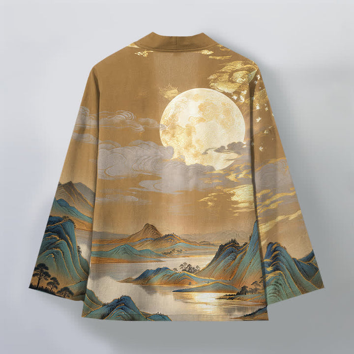 Buddha Stones Kimono de hombre de algodón con estampado de paisaje de montaña y luna dorada, con frente abierto. - image 2