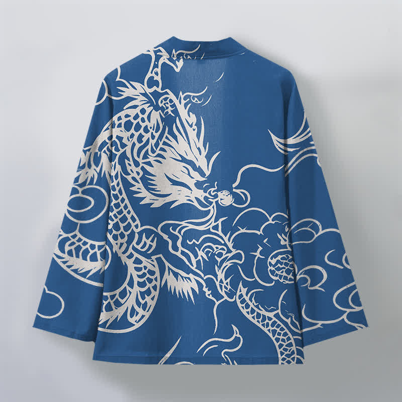 Buddha Stones Kimono de hombre de algodón blanco con estampado de dragón y nubes, parte delantera abierta. - image 2