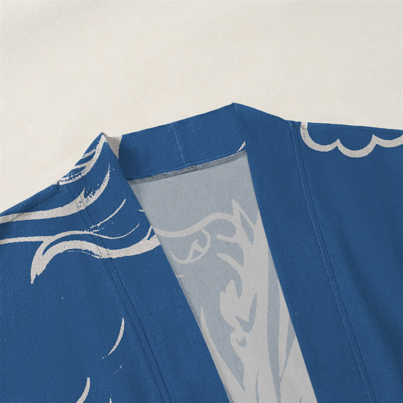Buddha Stones Kimono de hombre de algodón blanco con estampado de dragón y nubes, parte delantera abierta. - image 3