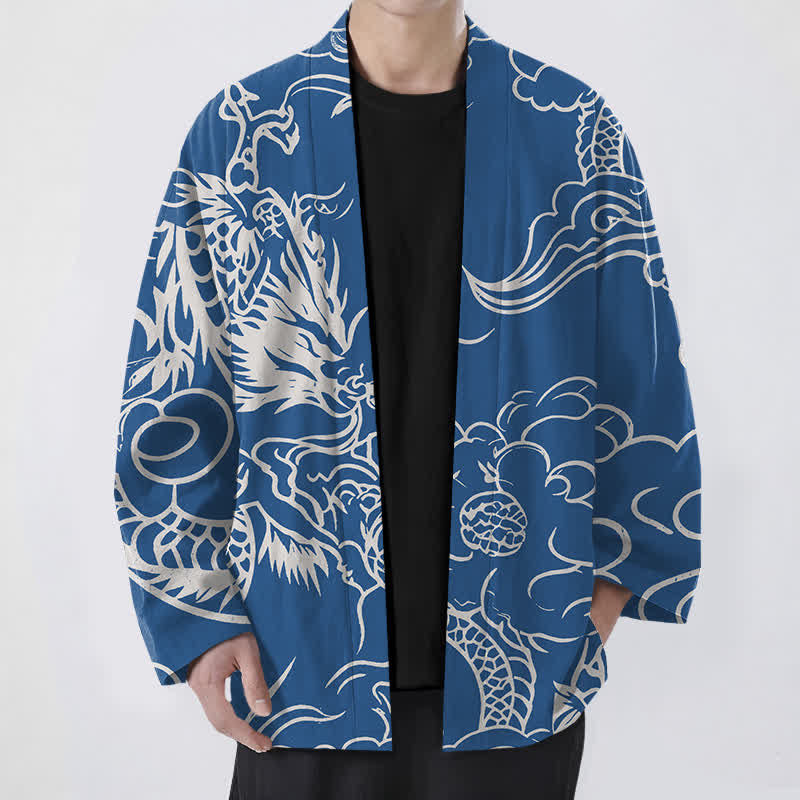 Buddha Stones Kimono de hombre de algodón blanco con estampado de dragón y nubes, parte delantera abierta. - Azul real - US/UK/AU48, UE58 (4XL) - image 0