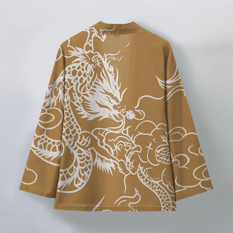 Buddha Stones Kimono de hombre de algodón blanco con estampado de dragón y nubes, parte delantera abierta. - image 8
