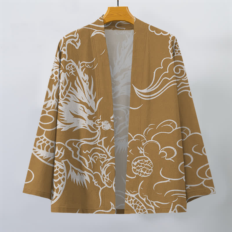Buddha Stones Kimono de hombre de algodón blanco con estampado de dragón y nubes, parte delantera abierta. - image 7