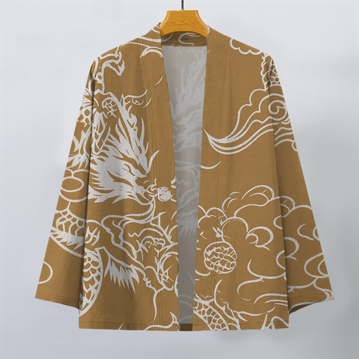 Buddha Stones Kimono de hombre de algodón blanco con estampado de dragón y nubes, parte delantera abierta. - image 7