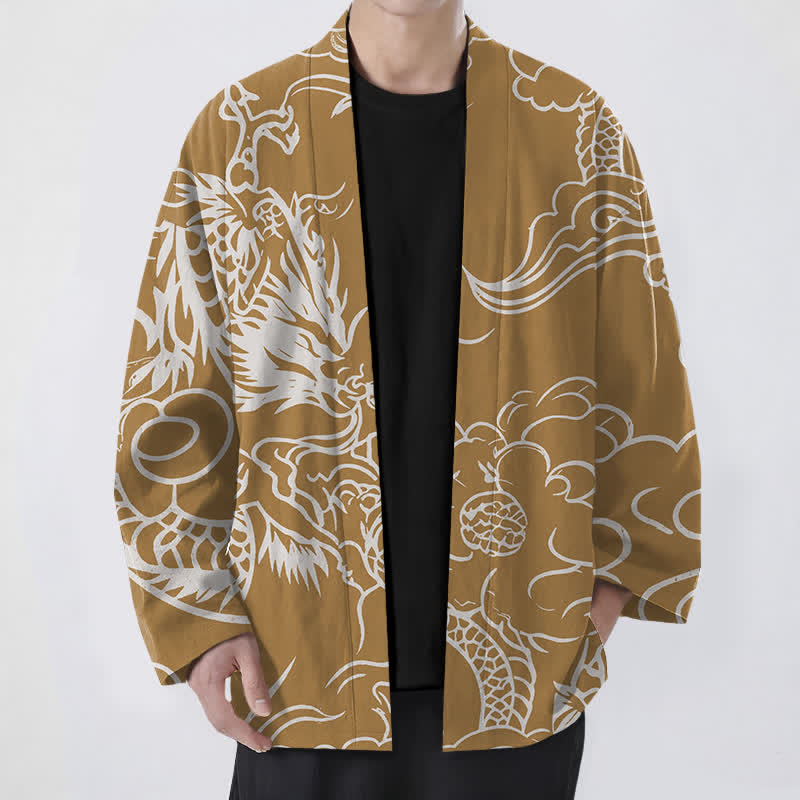 Buddha Stones Kimono de hombre de algodón blanco con estampado de dragón y nubes, parte delantera abierta. - vara de oro - US/UK/AU48, UE58 (4XL) - image 6