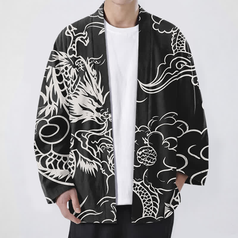 Buddha Stones Kimono de hombre de algodón blanco con estampado de dragón y nubes, parte delantera abierta. - Negro - US/UK/AU48, UE58 (4XL) - image 9