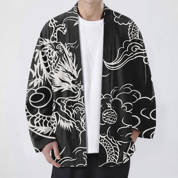 Buddha Stones Kimono de hombre de algodón blanco con estampado de dragón y nubes, parte delantera abierta. - Negro - US/UK/AU48, UE58 (4XL) - image 9