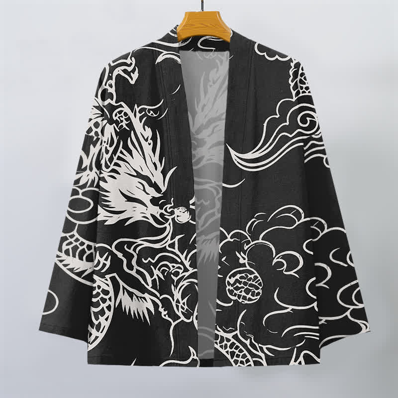Buddha Stones Kimono de hombre de algodón blanco con estampado de dragón y nubes, parte delantera abierta. - image 10