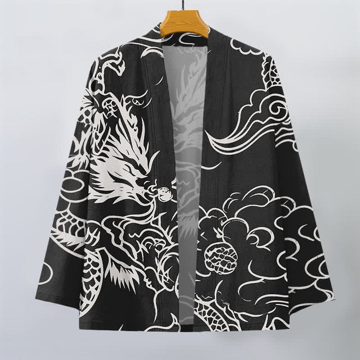 Buddha Stones Kimono de hombre de algodón blanco con estampado de dragón y nubes, parte delantera abierta. - image 10