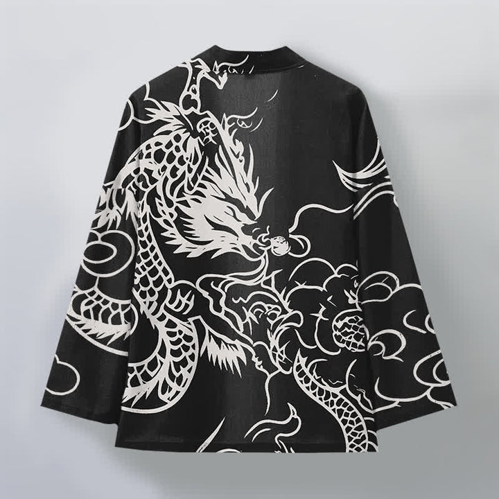 Buddha Stones Kimono de hombre de algodón blanco con estampado de dragón y nubes, parte delantera abierta. - image 11