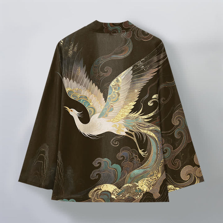 Buddha Stones Kimono de algodón con estampado de grullas doradas y nubes, abertura frontal, para hombre. - image 8