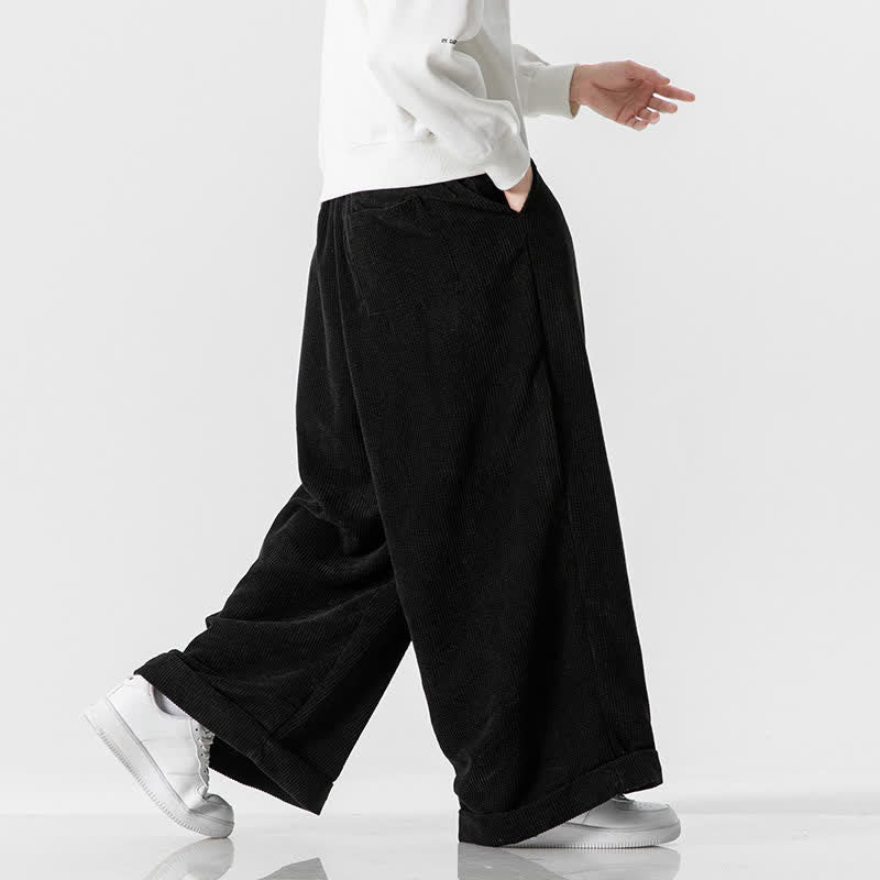 Buddha Stones Pantalones largos de pana lisos con cordón ajustable para hombre, estilo casual de otoño/invierno, de pierna ancha y con bolsillo. - image 20