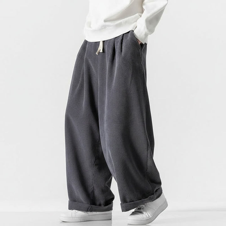 Buddha Stones Pantalones largos de pana lisos con cordón ajustable para hombre, estilo casual de otoño/invierno, de pierna ancha y con bolsillo. - image 2