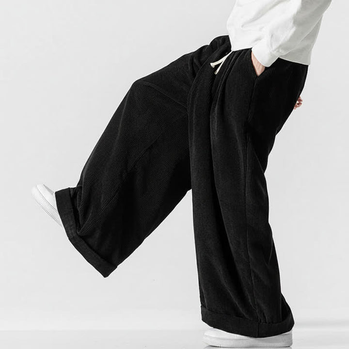 Buddha Stones Pantalones largos de pana lisos con cordón ajustable para hombre, estilo casual de otoño/invierno, de pierna ancha y con bolsillo. - image 19