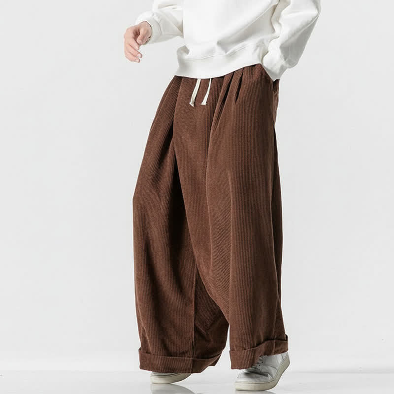 Buddha Stones Pantalones largos de pana lisos con cordón ajustable para hombre, estilo casual de otoño/invierno, de pierna ancha y con bolsillo. - image 8