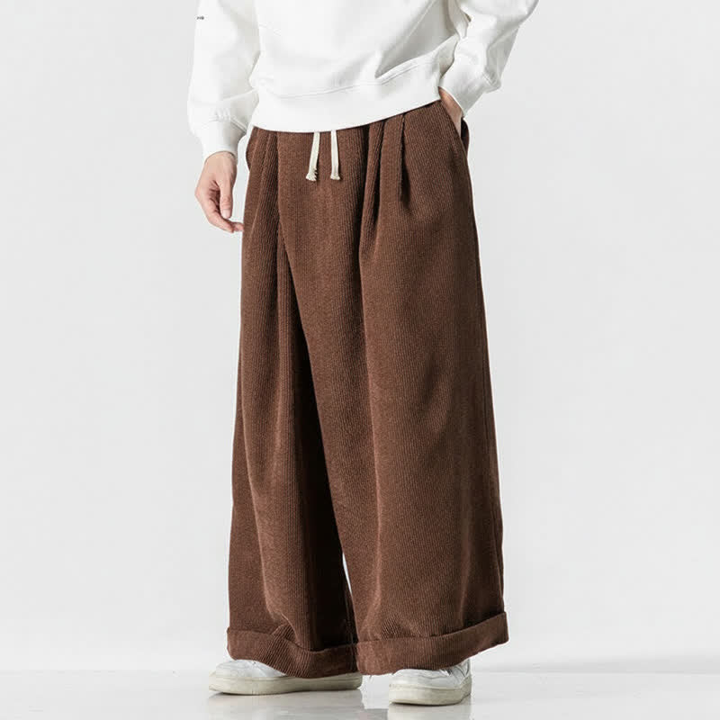 Buddha Stones Pantalones largos de pana lisos con cordón ajustable para hombre, estilo casual de otoño/invierno, de pierna ancha y con bolsillo. - image 7