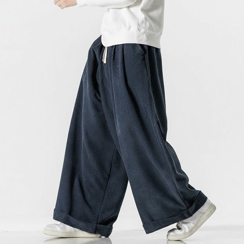 Buddha Stones Pantalones largos de pana lisos con cordón ajustable para hombre, estilo casual de otoño/invierno, de pierna ancha y con bolsillo. - image 13