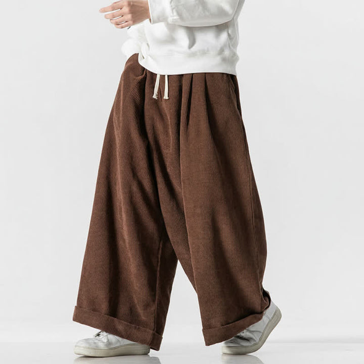 Buddha Stones Pantalones largos de pana lisos con cordón ajustable para hombre, estilo casual de otoño/invierno, de pierna ancha y con bolsillo. - image 9