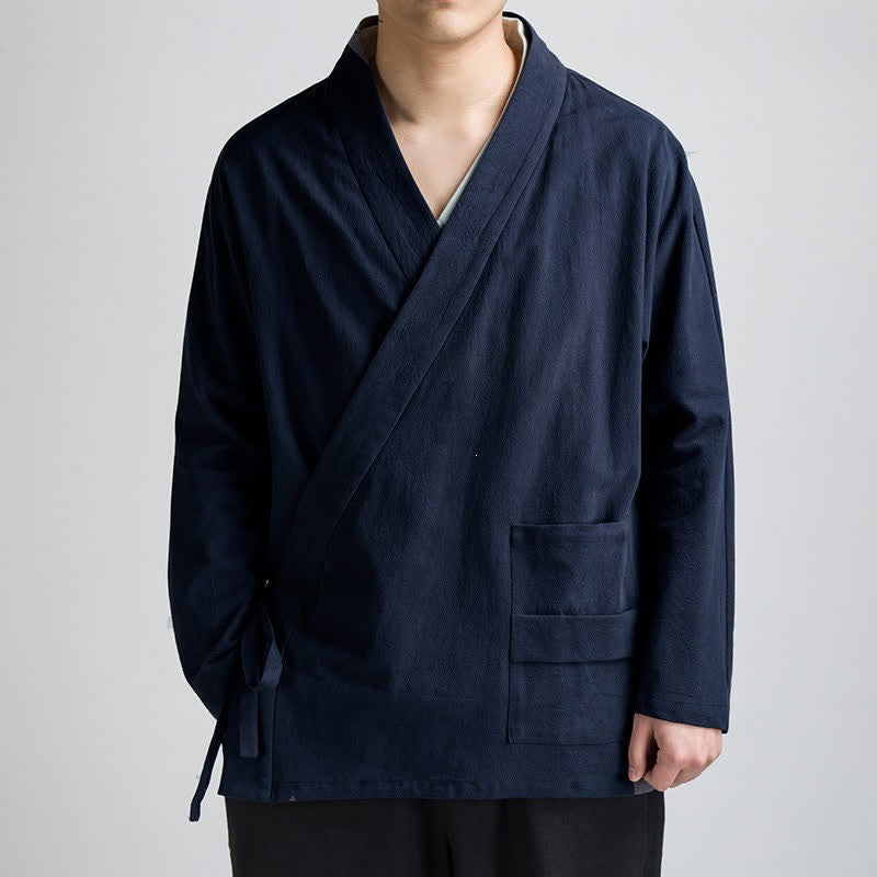 Buddha Stones Kimono de algodón liso para hombre, estilo Tang minimalista, con cordón ajustable, ideal para primavera y otoño. - Azul medianoche - US/UK/AU44, EU54 (4XL) - image 0
