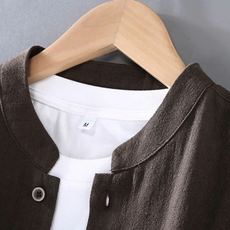 Buddha Stones Camisa de manga larga de ramio liso con botones, estilo Tang, minimalista, para primavera y otoño, ideal para meditación. Pantalones con bolsillos. - image 1