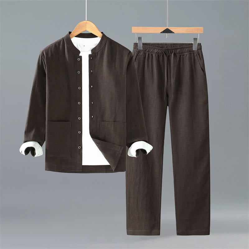 Buddha Stones Camisa de manga larga de ramio liso con botones, estilo Tang, minimalista, para primavera y otoño, ideal para meditación. Pantalones con bolsillos. - Pantalones de camisa marrón silla de montar - US/UK/AU42, EU52 (3XL) - image 0