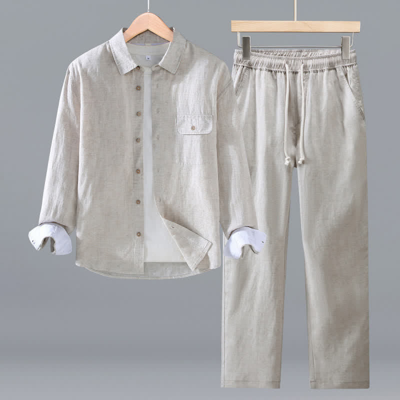 Buddha Stones Camisa de manga larga abotonada minimalista informal de primavera y otoño, pantalones con cordón, tela de meditación lisa para hombre con bolsillo - Beige - US/UK/AU42, EU52 (3XL) - image 1