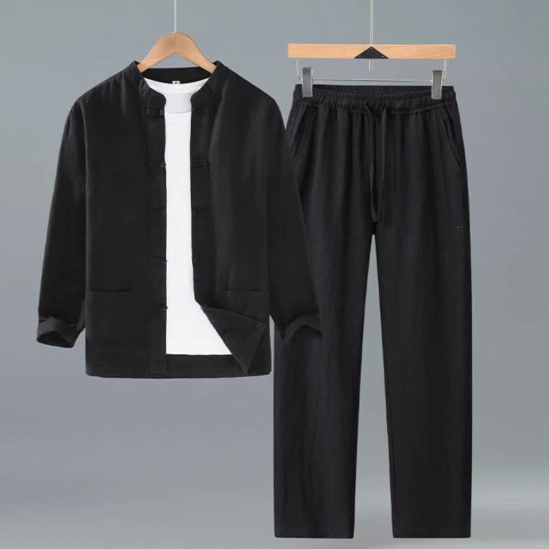 Buddha Stones Camisa y pantalón de ramio liso con cuello mandarín estilo Tang para hombre, ideal para primavera y otoño. - Negro - US/UK/AU42, EU52 (3XL) - image 9