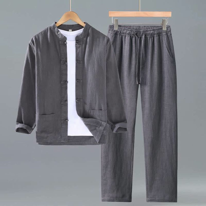 Buddha Stones Camisa y pantalón de ramio liso con cuello mandarín estilo Tang para hombre, ideal para primavera y otoño. - Gris oscuro - US/UK/AU42, EU52 (3XL) - image 10