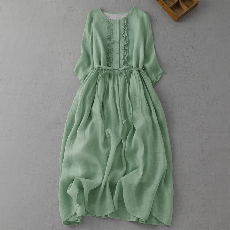 Buddha Stones Vestido de verano informal vintage con botones, cordón ajustable, color liso, manga corta y bolsillo. - Verde mar oscuro - US14, UK/AU18, EU46 (2XL) - image 0