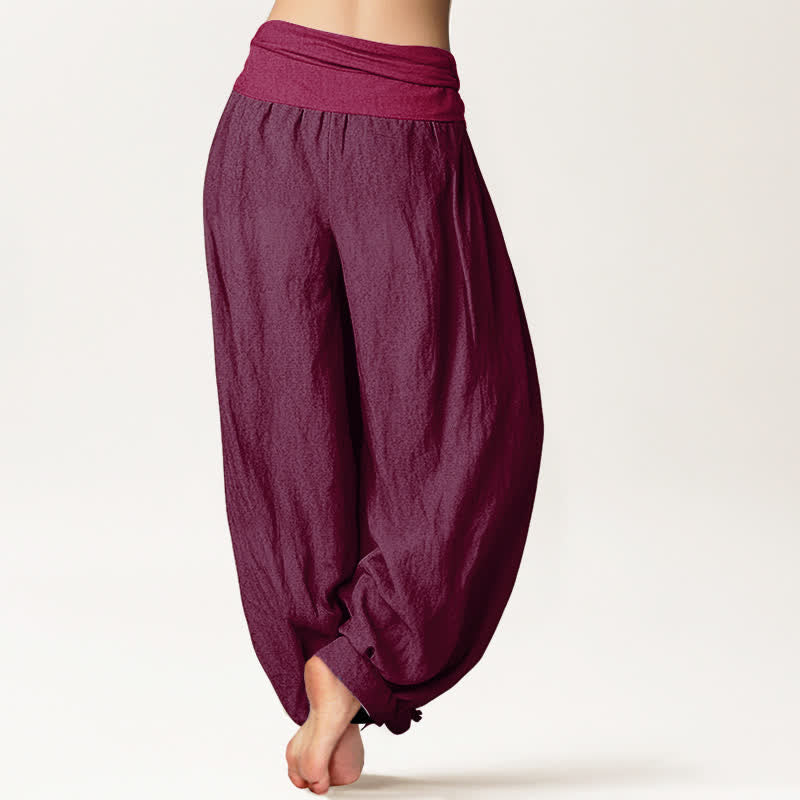 Pantalones harén de algodón puro Buddha Stones para mujer, color granate, con cintura elástica - image 1