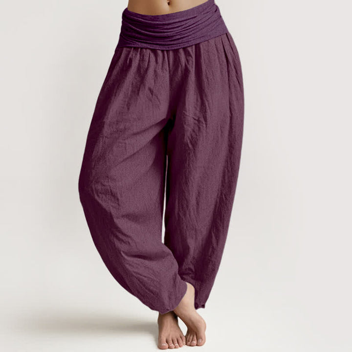 Pantalones harén de algodón puro morado con cintura elástica para mujer con Buddha Stones - Púrpura - US16，UK/AU20，EU48 (3XL) - image 0