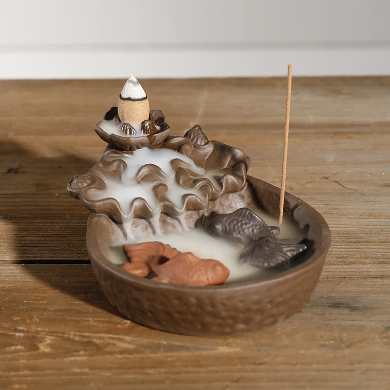 Buddha Stones Quemador de incienso de reflujo con forma de pez koi de arcilla púrpura y loto de la paz - Arcilla púrpura (Calma ♥ Sanación) - image 0