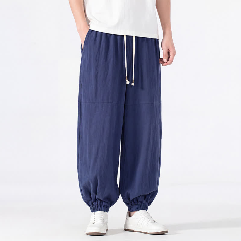 Buddha Stones Pantalones tobilleros de algodón y lino lisos, estilo casual minimalista, con cordón ajustable, ideales para primavera y verano. Pantalones harem para hombre con bolsillo. - image 1