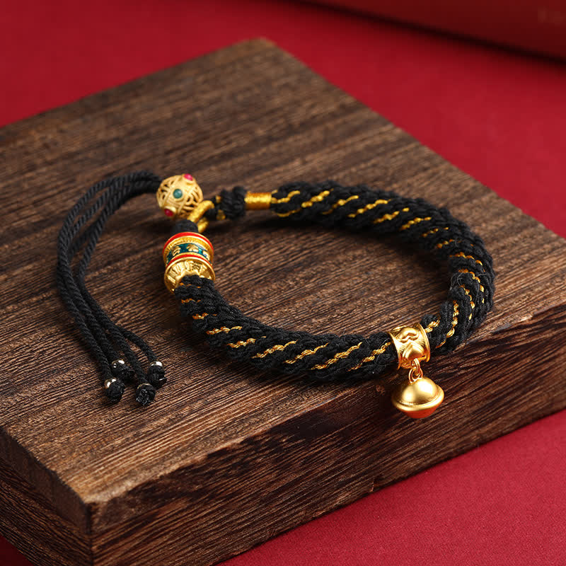 Buddha Stones Pulsera de cuerda multicolor con dije de campana de sabiduría Om Mani Padme Hum tibetana tejida a mano - Negro (Circunferencia de la muñeca: 5,9–6,7 pulgadas / 15–17 cm) - image 15