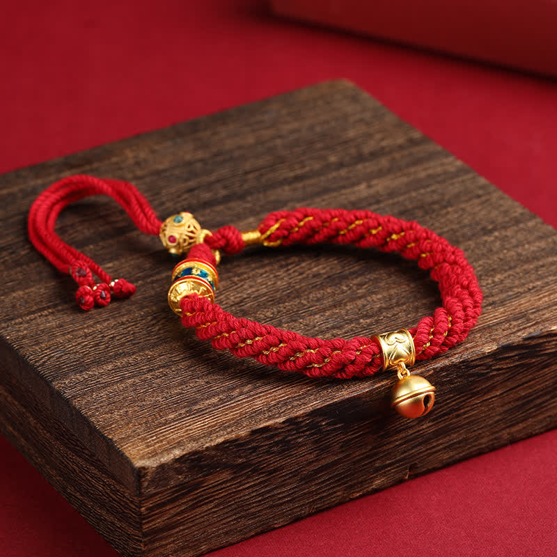 Buddha Stones Pulsera de cuerda multicolor con dije de campana de sabiduría Om Mani Padme Hum tibetana tejida a mano - Borgoña (circunferencia de la muñeca: 15-17 cm) - image 0
