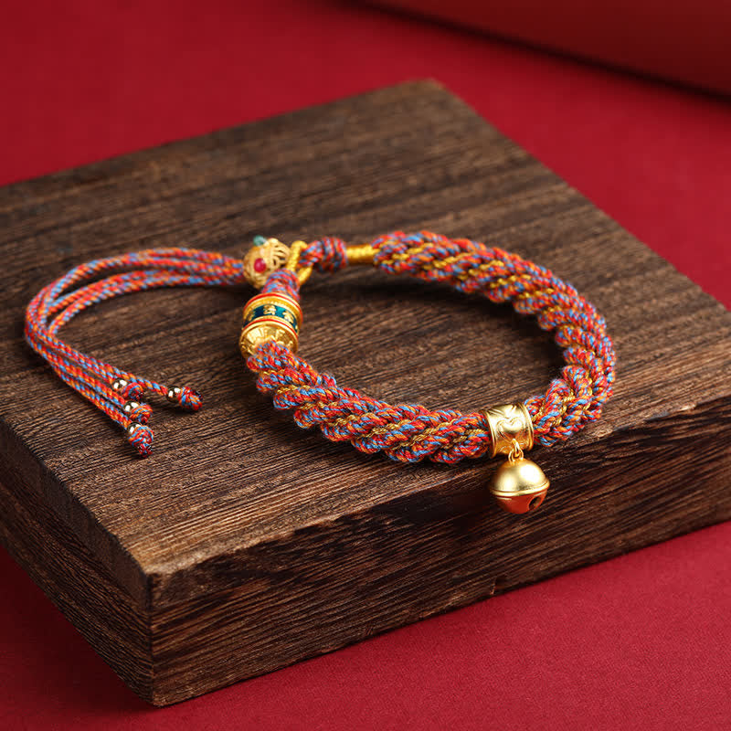 Buddha Stones Pulsera de cuerda multicolor con dije de campana de sabiduría Om Mani Padme Hum tibetana tejida a mano - Rojo multicolor (circunferencia de la muñeca: 15-17 cm) - image 11