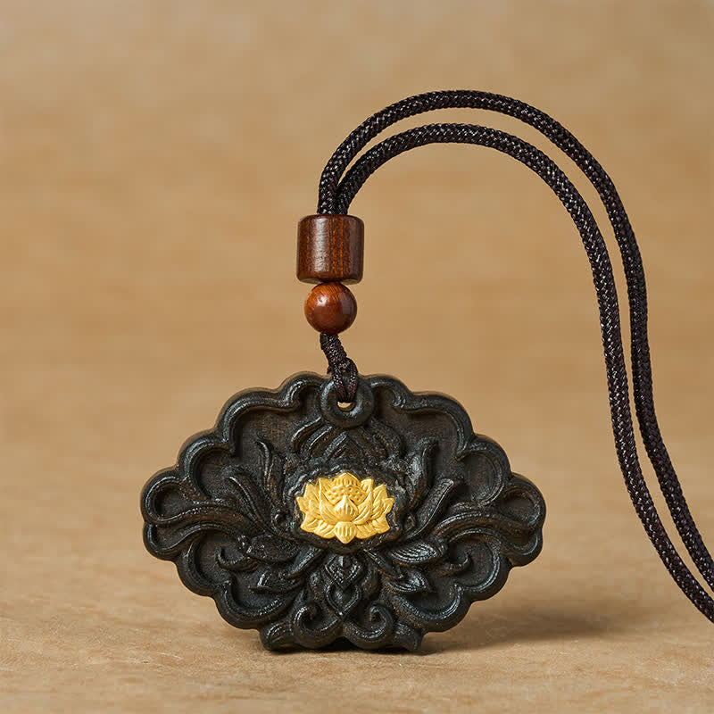 Buddha Stones Collar con colgante tallado en relieve de madera de sappanwood con diseño de loto e iluminación. - Loto - image 0