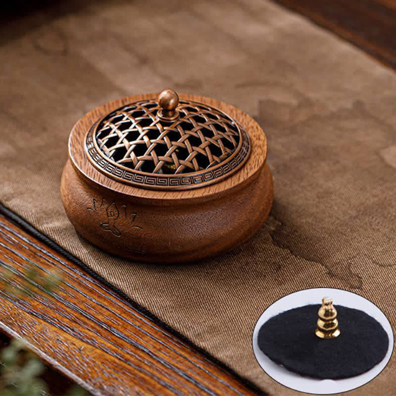 Buddha Stones Quemador de incienso redondo con forma de dragón fénix de madera de durazno y suerte - Con forma de jarra - Diseño tejido - image 0