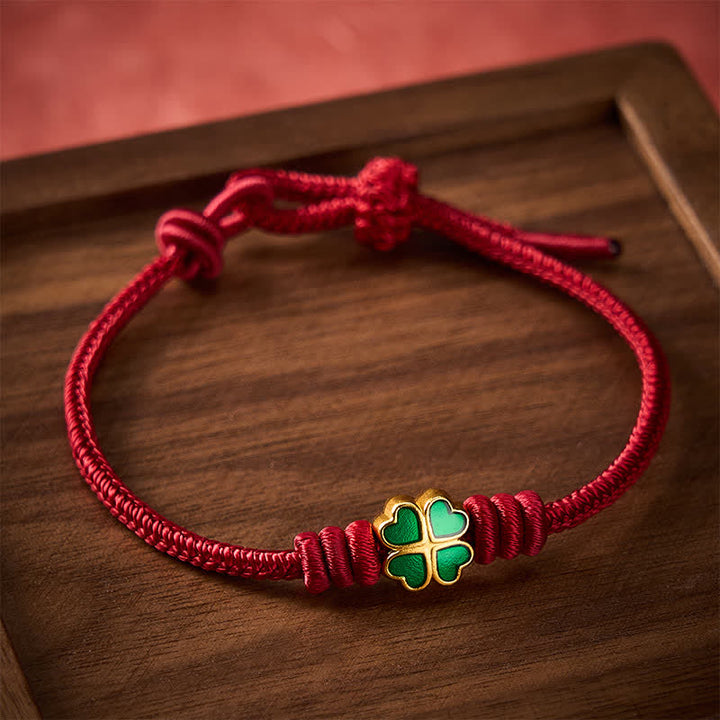 Buddha Stones Pulsera de la suerte con forma de corazón y trébol de cuatro hojas verde, tejida a mano con cuerda roja. - Rojo oscuro (circunferencia de la muñeca: 15-17 cm) - image 9