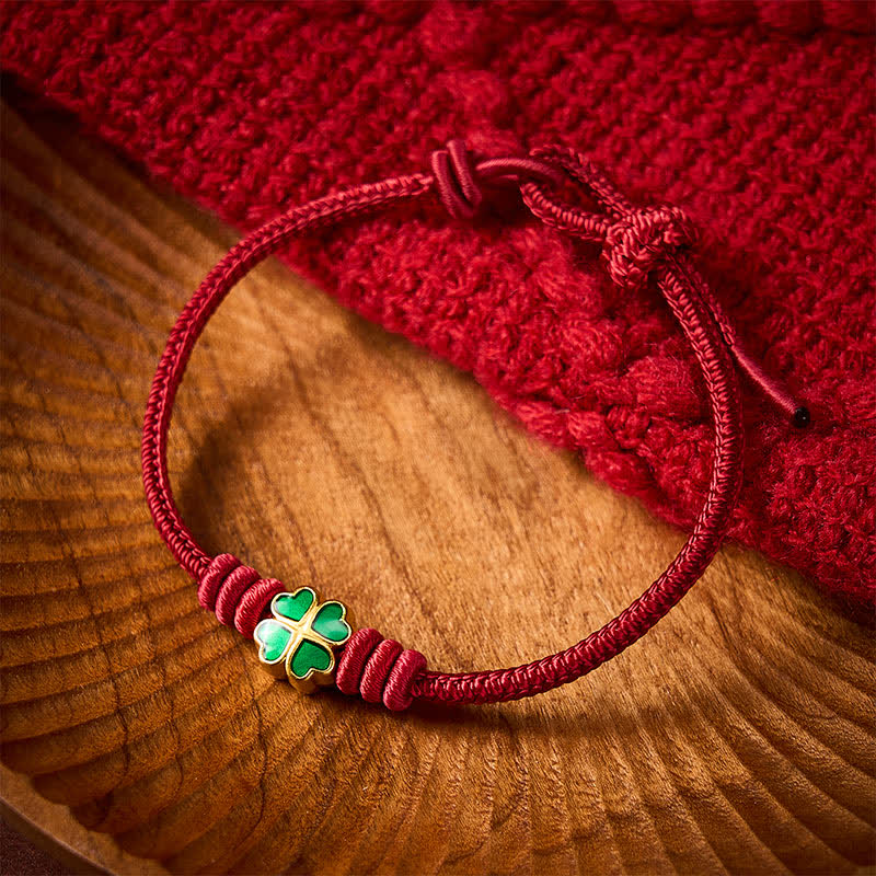 Buddha Stones Pulsera de la suerte con forma de corazón y trébol de cuatro hojas verde, tejida a mano con cuerda roja. - image 10