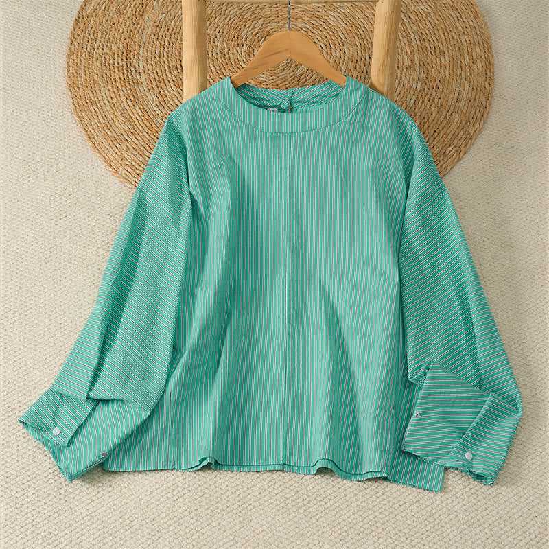 Buddha Stones Camiseta de manga larga para mujer, estilo casual de primavera, minimalista, a rayas verdes y cuello redondo. - Aguamarina medio - US14, UK/AU18, EU46 (2XL) - image 0