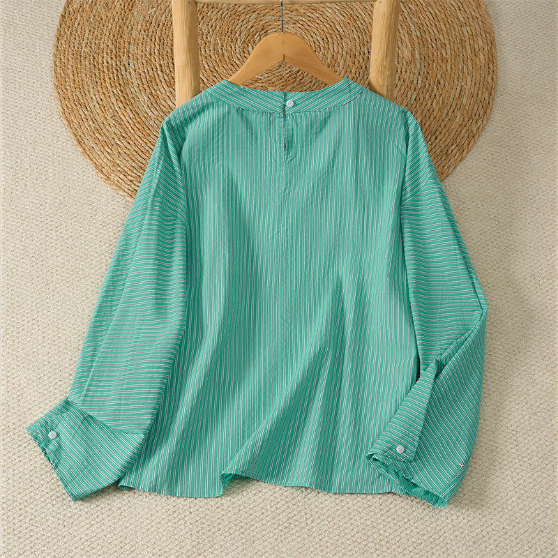 Buddha Stones Camiseta de manga larga para mujer, estilo casual de primavera, minimalista, a rayas verdes y cuello redondo. - image 1