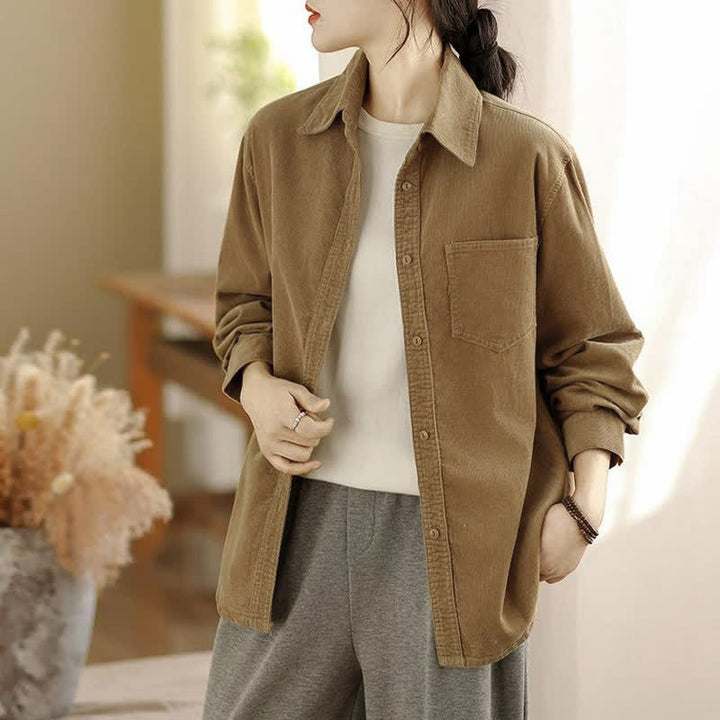 Buddha Stones Chaqueta de mujer de pana lisa con botones, estilo vintage, para otoño/invierno, con bolsillos. - image 16