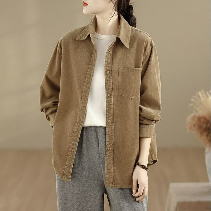 Buddha Stones Chaqueta de mujer de pana lisa con botones, estilo vintage, para otoño/invierno, con bolsillos. - image 15
