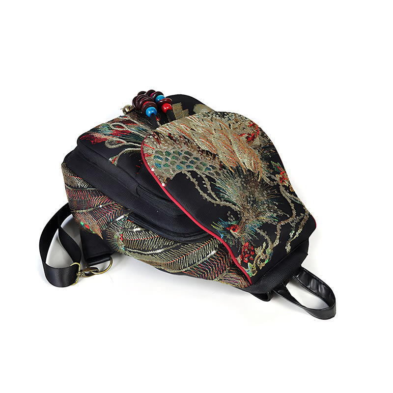 Mochila con borlas de lona con bordado de pavo real - image 12