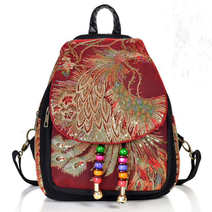 Mochila con borlas de lona con bordado de pavo real - Pavo real rojo vino - image 18