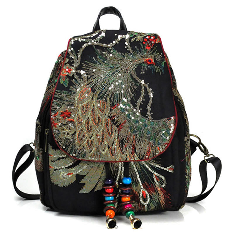 Mochila con borlas de lona con bordado de pavo real - Pavo real negro - image 0