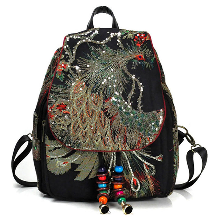 Mochila con borlas de lona con bordado de pavo real - Pavo real negro - image 0
